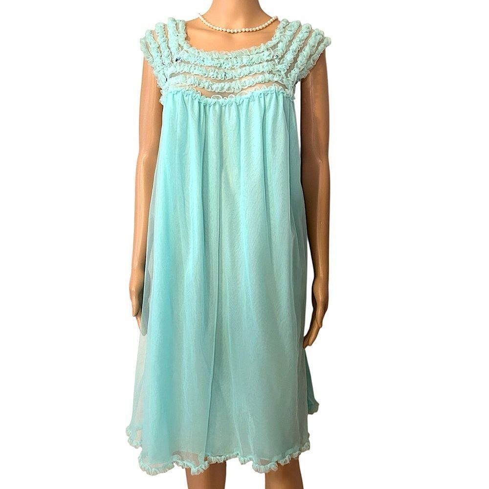 Women’s Large Vintage Nightie 100% Cotton Sheer Ruffle Lined Sleepwear Dress